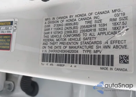 2019 Honda Cr-V Ex-L from USA, damaged, VIN 2HKRW2H83KH620004